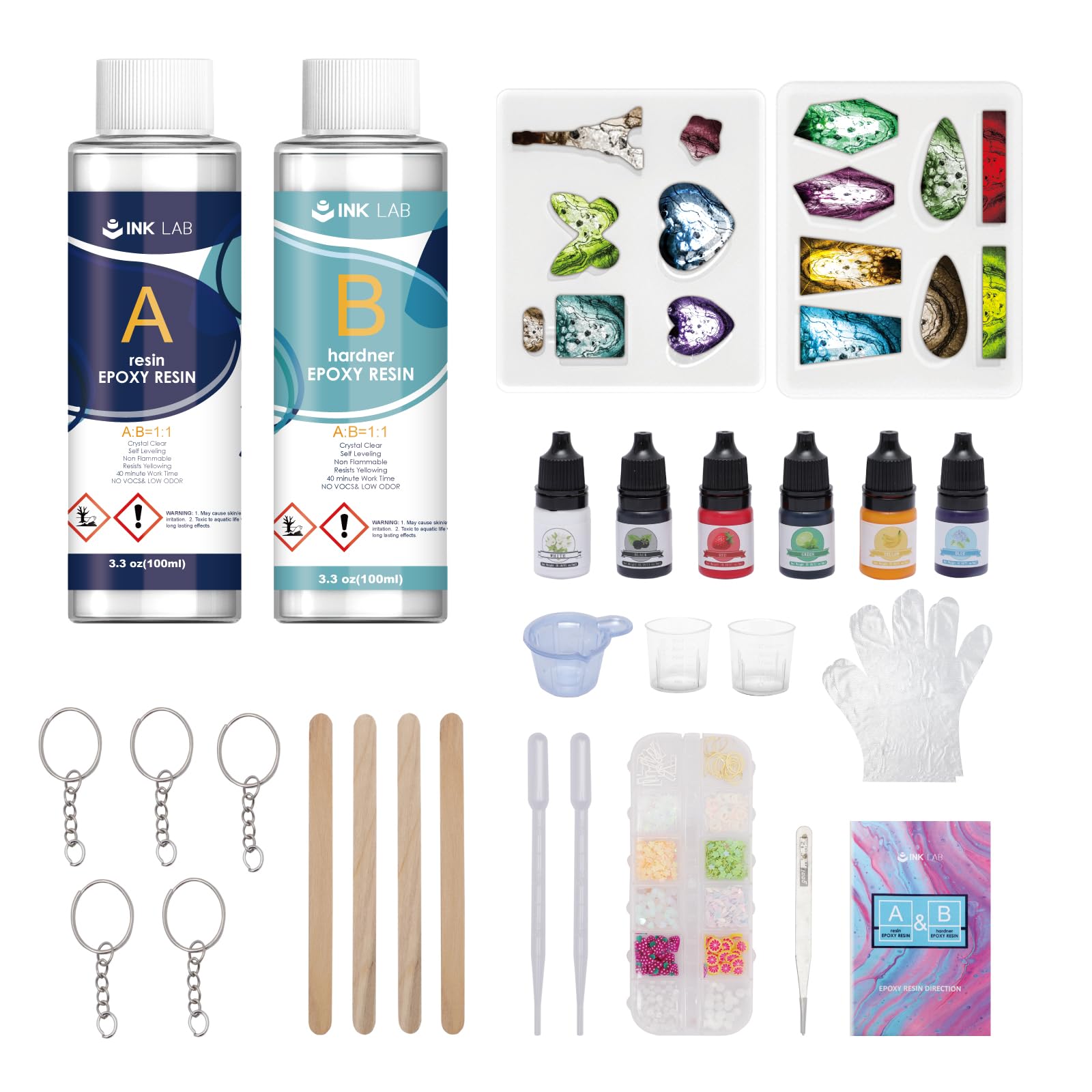 INK LAB Resin Kit for Beginners, Epoxy Resin Crystal Clear Starter Kit for DIY Jewelry Craft with Silicone Molds Key Rings Pigments Glitter Accessories Coating and Casting Art Resin