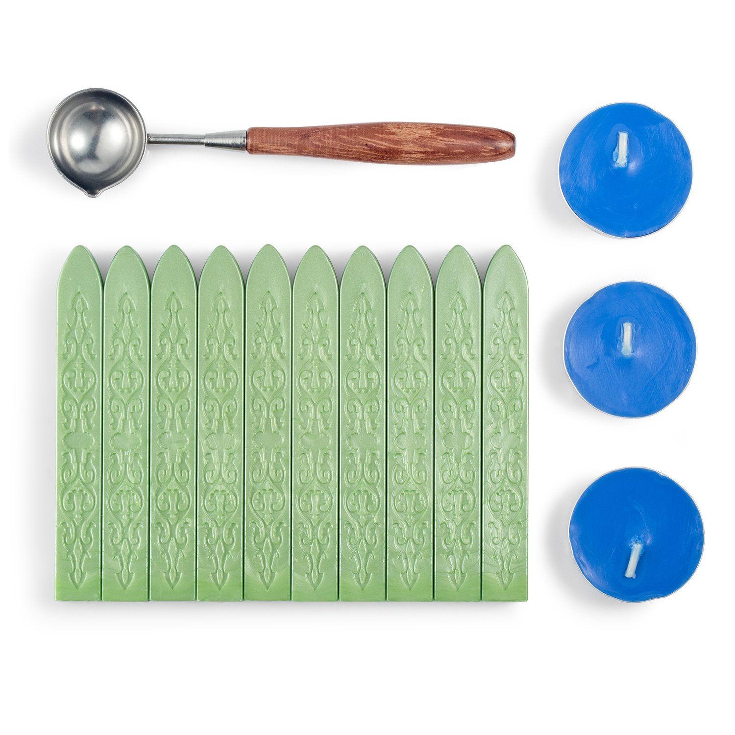 McealSealing Wax Set Non-Wicked Magic Arrow Sealing Wax with Retro Rosewood Handle Wax Seal Spoon and Candles 14 Pieces (Sage Green)