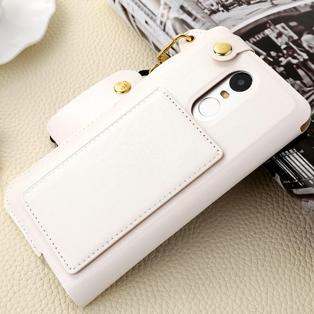 Xiaomi Redmi Note 3 Neck Strap case, Helianton PU Leather Case with Card Holder & Kickstand Feature for Redmi Note3 [No Front Cover] (Strap White)