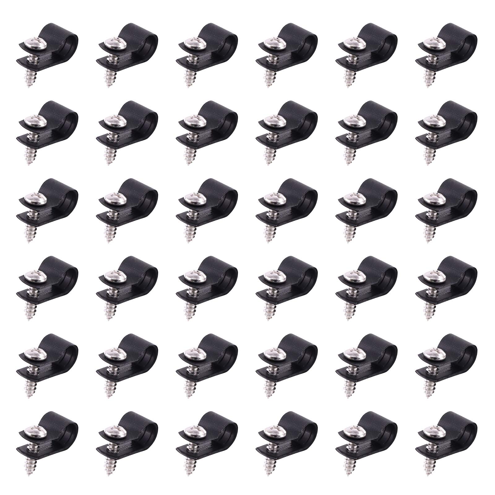 Swpeet 60 Pack Black 5/16 Inch Nylon Plastic R-Type Cable Clips Clamp Kit, Nylon Screw Mounting Cord Fastener Clips with 60 Pack Screws for Wire Management (5/16 Inch, Black)