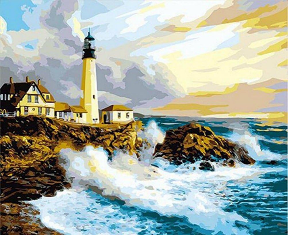 DIY Oil Painting Paint by Numbers Kit with Brushes Paint for Adults Kids Beginner Hand Paintwork Lighthouse Seaside Wave16x20 inch(No Framed)