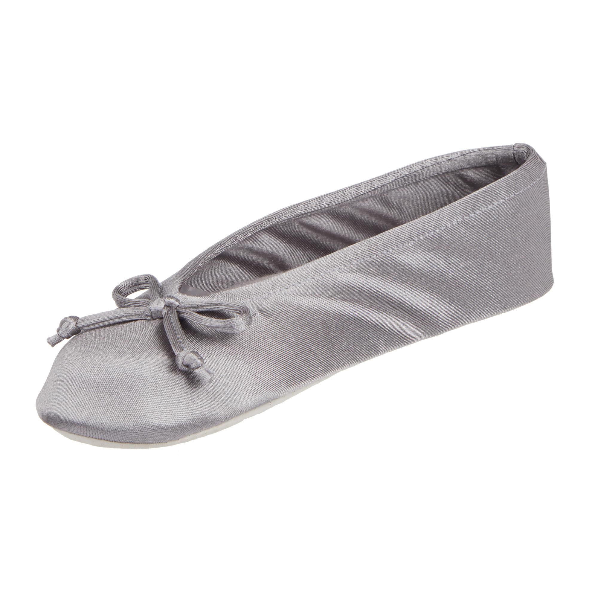 isotoner Women's Stretch Satin Ballerina Slippers with Soft Bow, Suede Sole, and Terry Lining, Ash, 8-9 Image