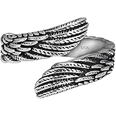 Rogivora 925 Sterling Silver Angel Wing Feather Ring for Women Men, Adjustable Open Band, Vintage Antique Style Jewelry
