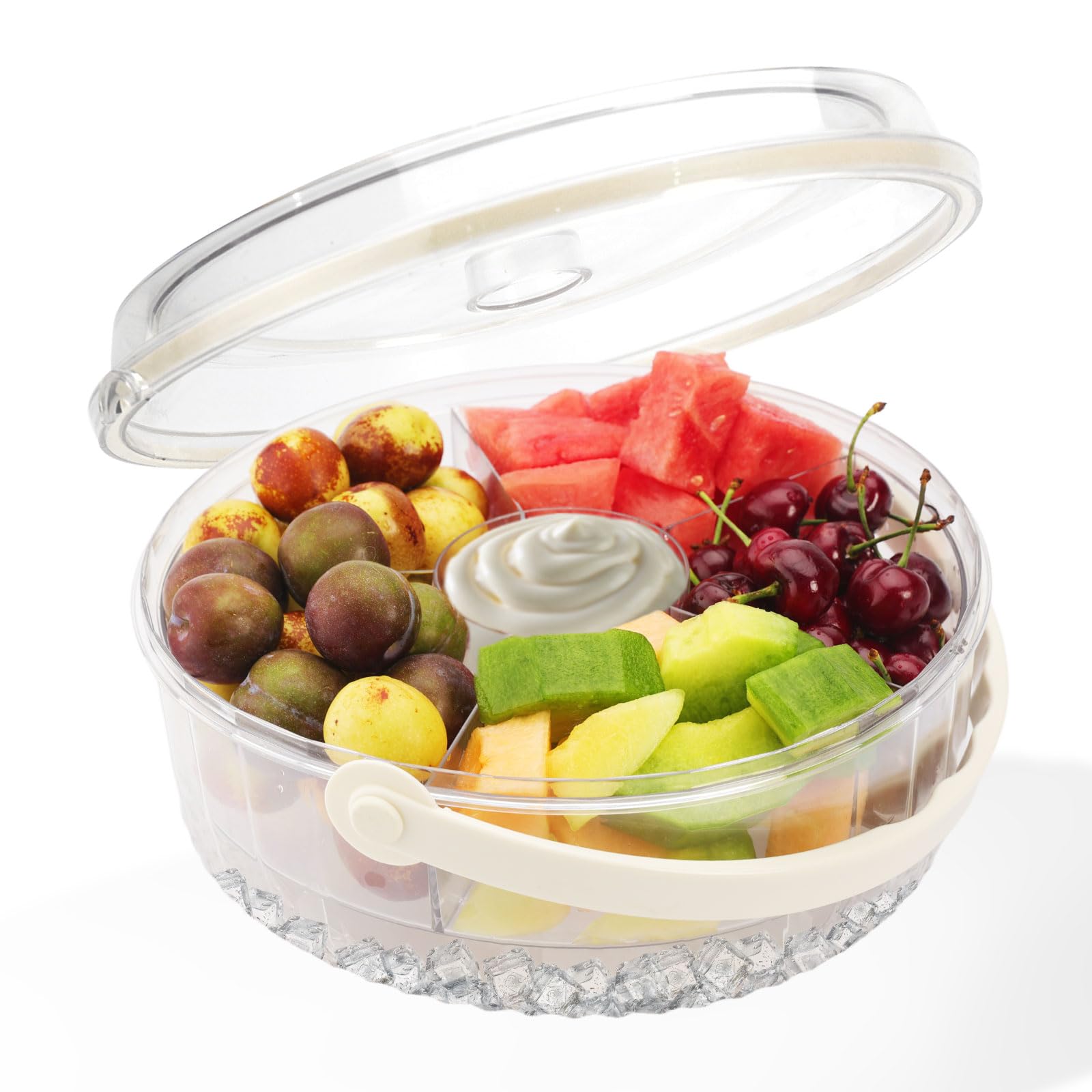Photo 1 of Large Ice Chilled Serving Tray with Lid Handle & Dip Holder for Parties,Fruit Chilled Tray,Veggie Tray Cold Party Platter Cold Serving Platter and 5 Compartments