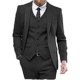 Mens Tweed Herringbone Wedding Suit Prom Tuxedos 3 Piece Peak Lapel Dress