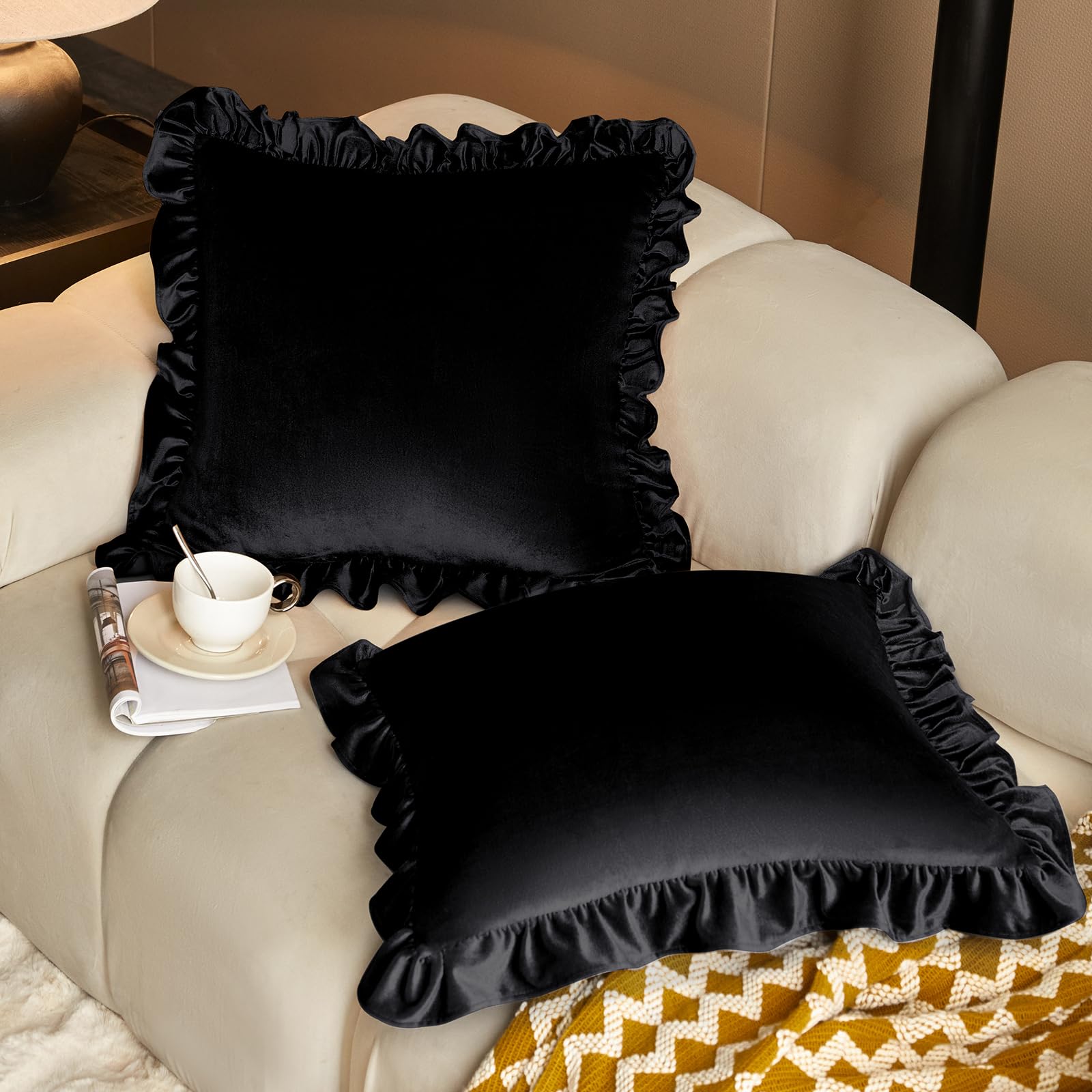 Photo 1 of KKJIAF Black Velvet Throw Pillow Covers 18 x 18 Inch Set of 2, Ruffle Euro Pillow Shams Velvet Square Pillow Case for Sofa Bedroom Couch Decorative