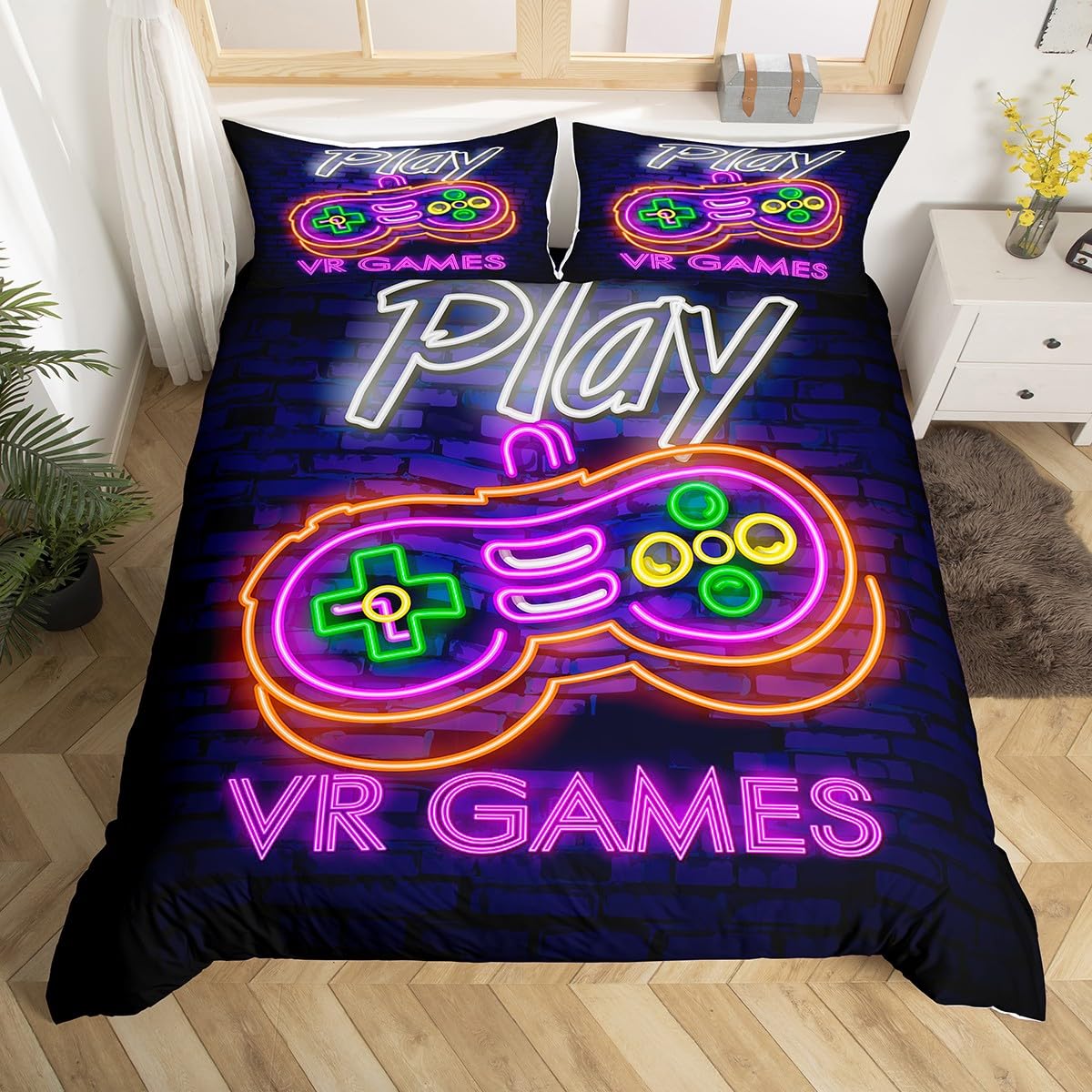 Loussiesd Kids Video Games Duvet Cover Games Bedding & Linen Single Gamepad Bedding Set for Boys,Modern VR Gamer Console Action Buttons Bedding Cover Fashion Teens 2 Pcs Purple Gift Soft