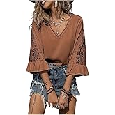 Floerns Women's Plus Size Hollow Out Flounce Sleeve Tops V Neck Dressy Casual Outfits