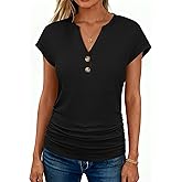 ANRABESS Womens Cap Sleeve Henley Shirts V Neck Ruched Side Top 2026 Summer Dressy Work Blouse Business Casual Outfits