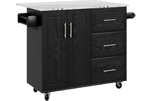 4 EVER WINNER Rolling Kitchen Island with Storage and Drop Leaf, White Marble Tabletop, 43" Kitchen Carts on Wheels with Towel Rack & Spice Rack, Portable Islands for Kitchen, Black