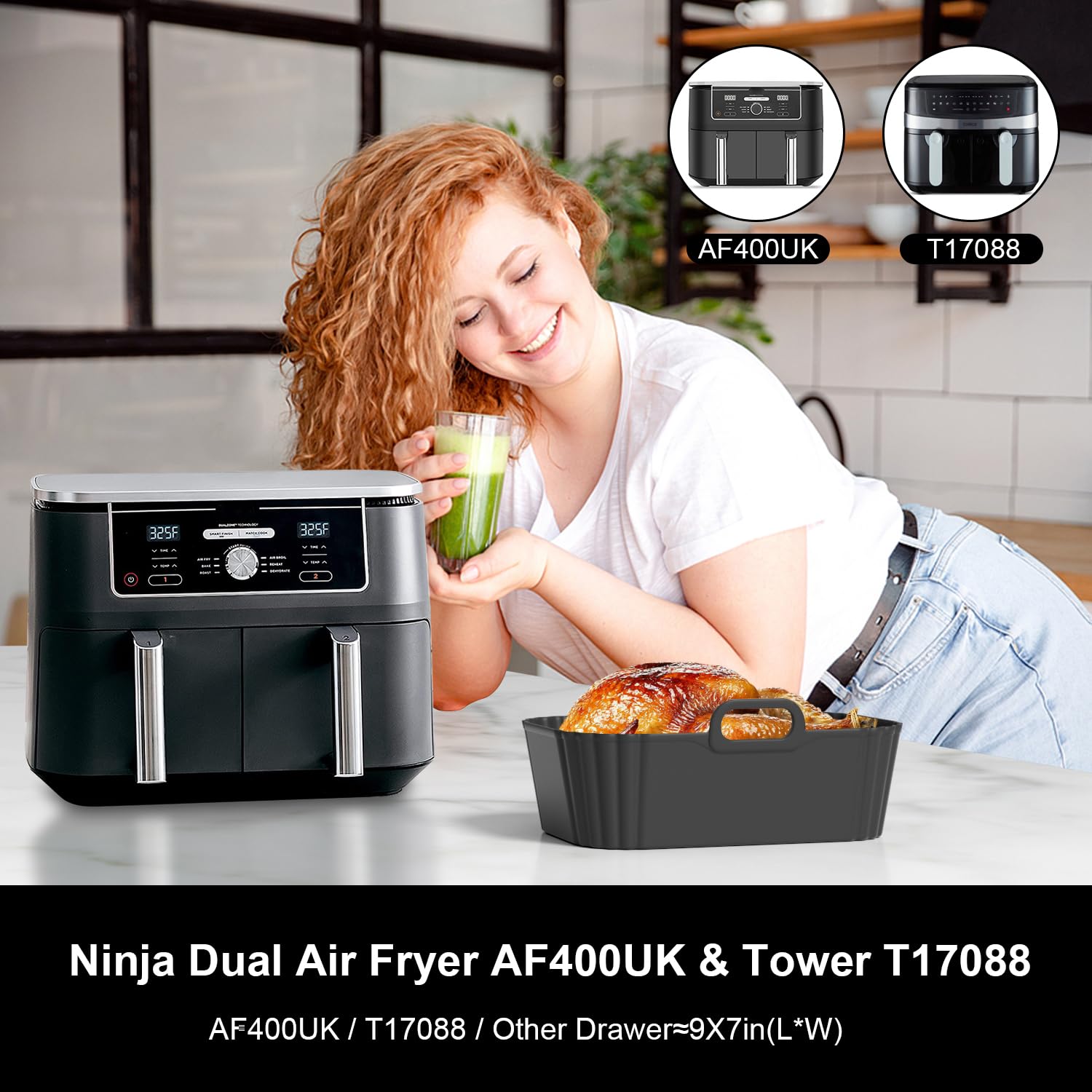 Silicone Air Fryer Liners 2 Pack, Reusable Compatible for Ninja Foodi DZ201, DZ401, DZ550, DZ302, COSORI 9QT, Chefman, Instant, and 6-in-1 8-10QT Dual Baskets