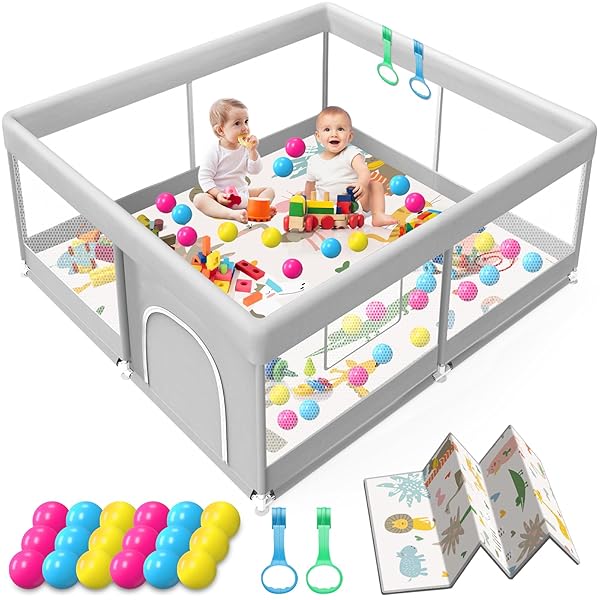 BABY PLAYPEN WITH MAT, 50X50 INCH PLAYPEN WITH MAT WATERPROOF FOR BABIES AND TODDLERS PLAY PEN PLAYARDS SAFETY GATE FENCE ACTIVE CENTER INDOOR