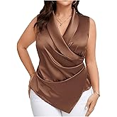 OYOANGLE Women's Plus Size Satin Wrap V Neck Sleeveless Blouse Asymmetrical Hem Elegant Work Office Tank Tops