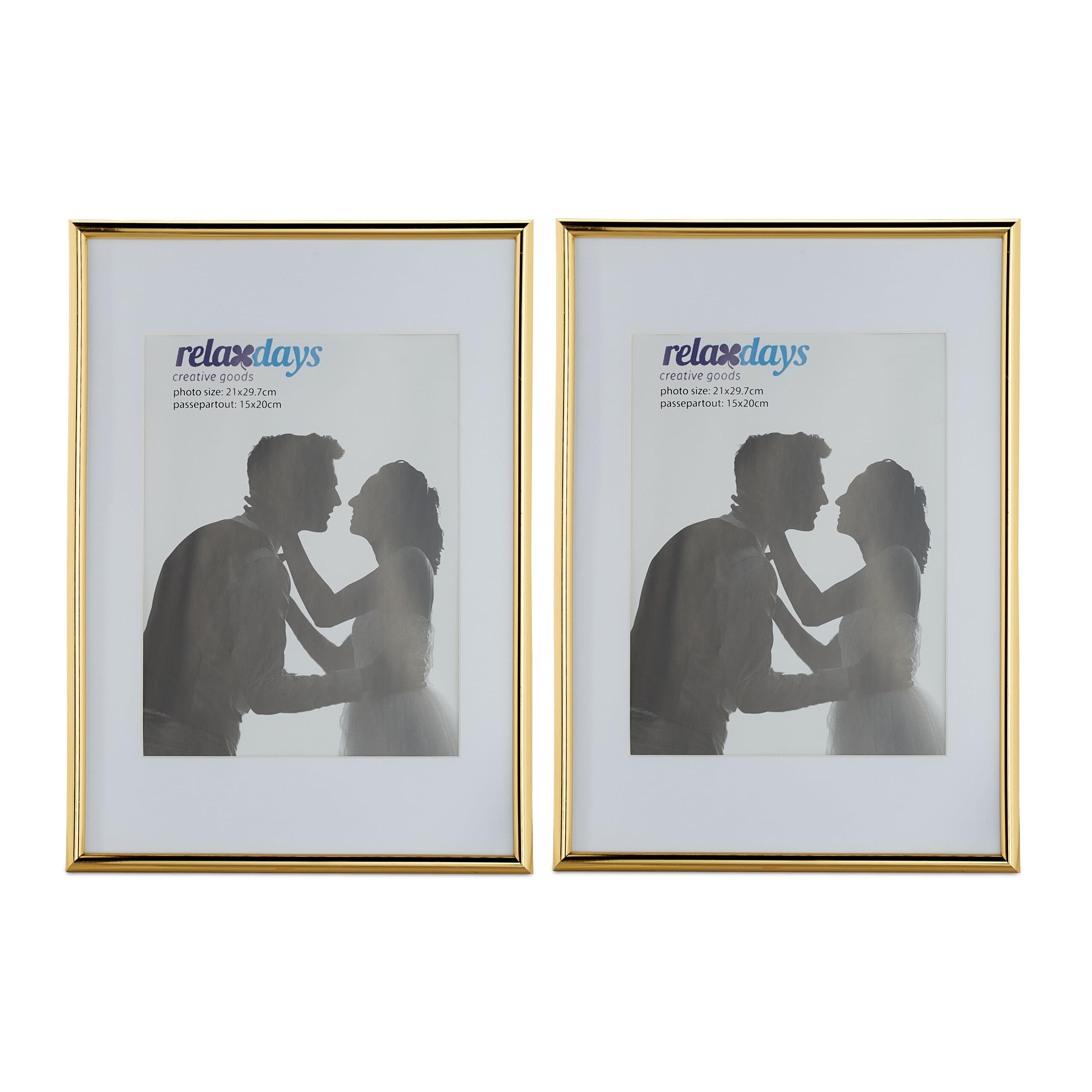 Relaxdays Photo Frame Set of 2, A4 Size, Passepartout 15 x 20 cm, Standing or Hanging, Gold
