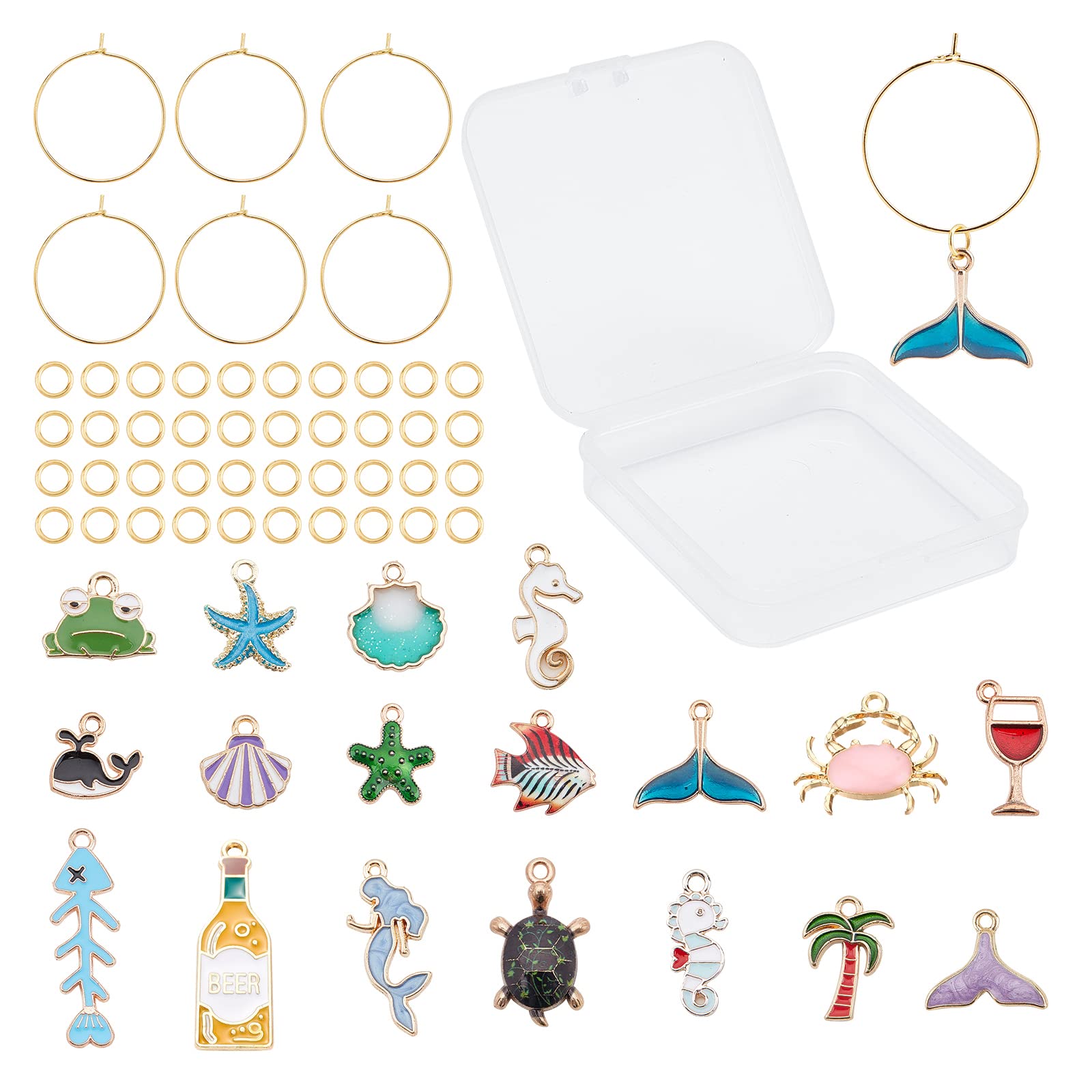 SUNNYCLUE 1 Box 18 Styles Ocean Style Wine Glass Charms Identifiers Markers Tags Sea Animal Enamel Pendants Alloy Shell Charm with 18Pcs Wine Charm Rings & 40Pcs Jump Rings Party Favors Decorations