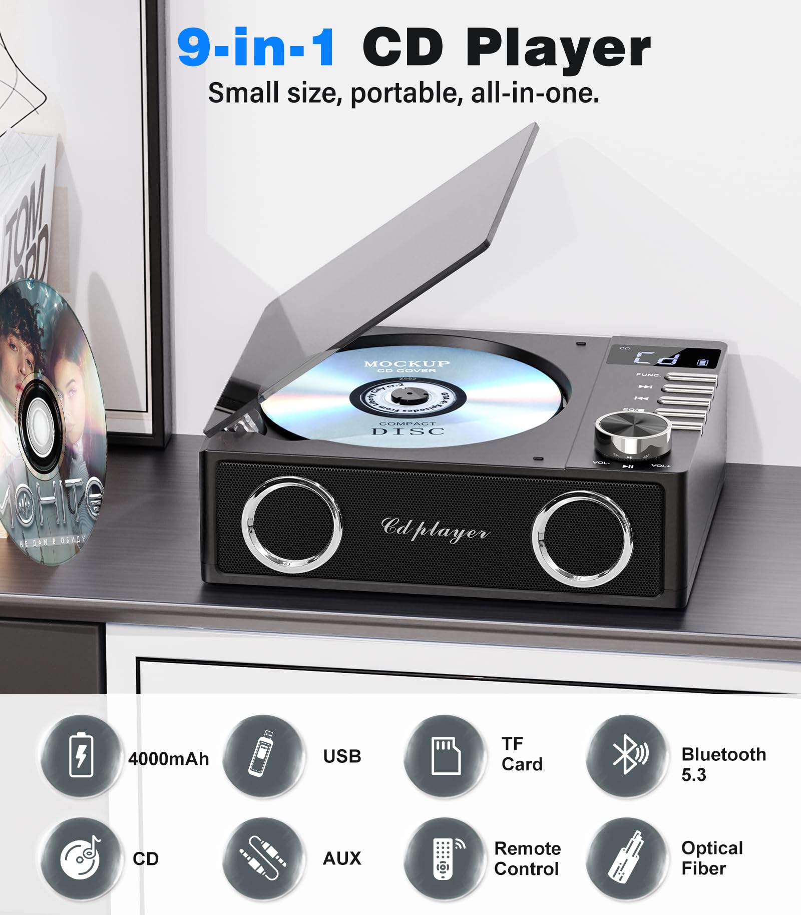 Portable CD Player with Bluetooth 5.3, Greadio CD Player with Speakers for Home, 4000mAh Rechargeable Retro CD Music Player with Remote Control, LED Display, Supports USB/TF/AUX, Optical Input