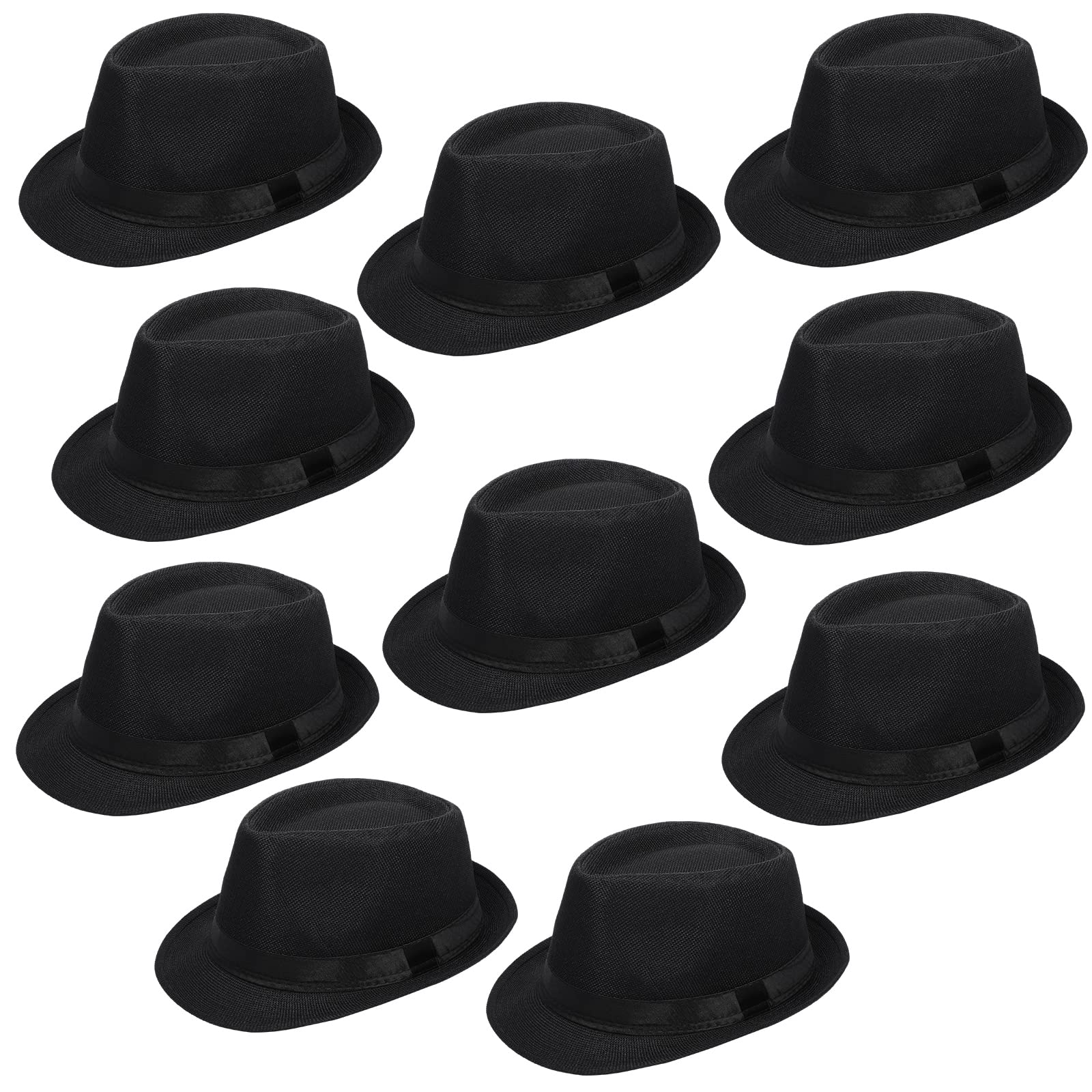 Photo 1 of 10 Pack 1920s Fedora Hats for Men Short Brim Sun Panama Hats for Men Women Party Costume, Circumference 60 cm (Black)