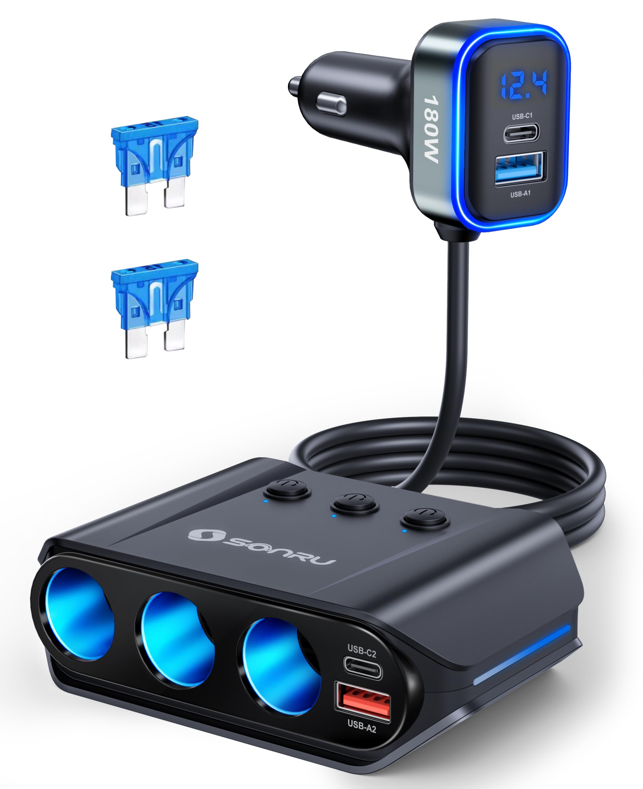 2025進化モデル SONRU 7 in 1 シガレットライタースプリッター、180W [デュアルPD & QC 3.0] カーチャージャーアダプター、12V/24V カーUSBアダプター マルチソケット 電圧計付き 急速充電 iPhone 16/15/14 Samsung Galaxy ノートパソコン カーデバイス用 の商品画像