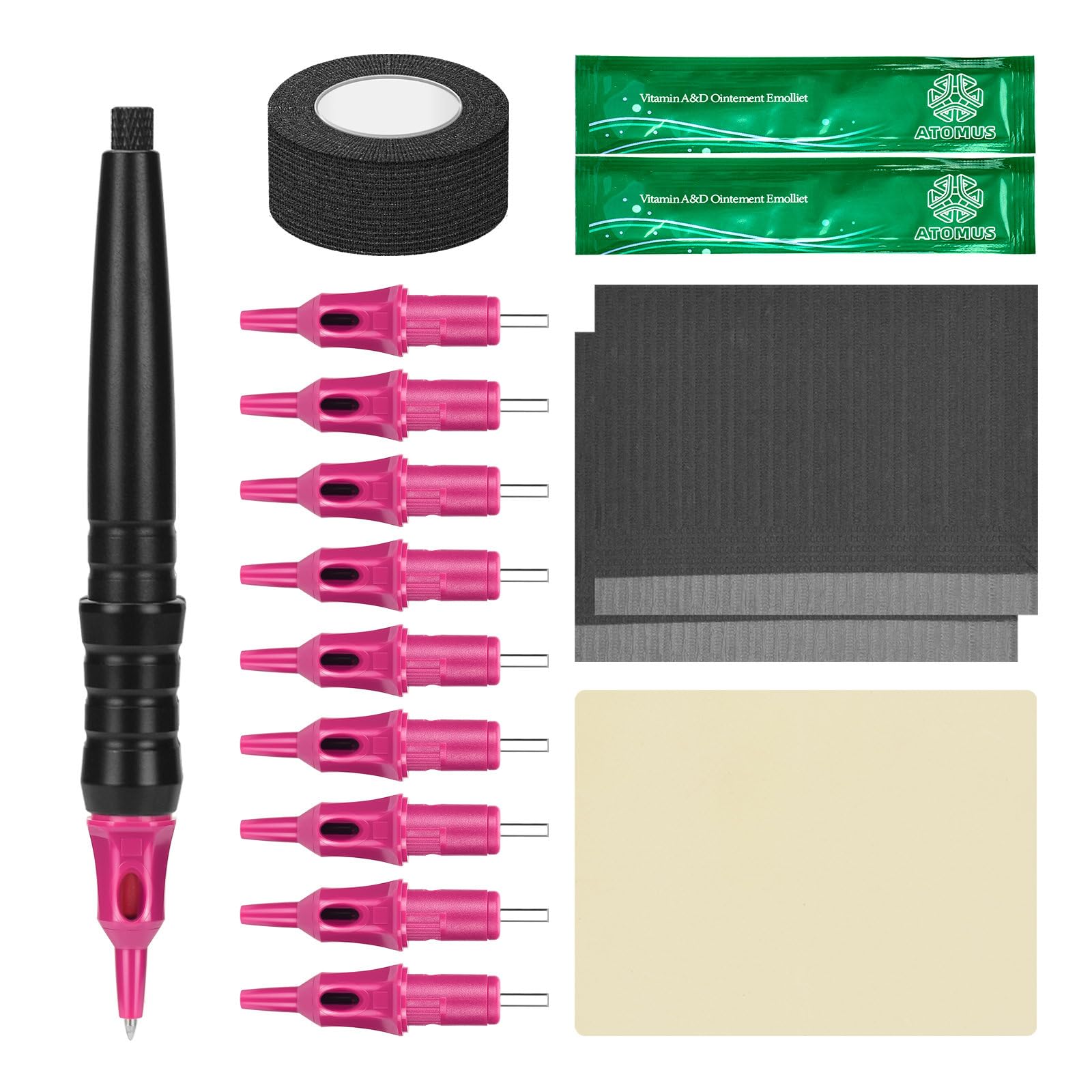 Zalati Tattoo Practice Set - Pink, 16pcs, Adult, Water Resistant, Tattoo Pen & Refills, Practice Skin, Table Mat, Ointment, Beginner-Friendly