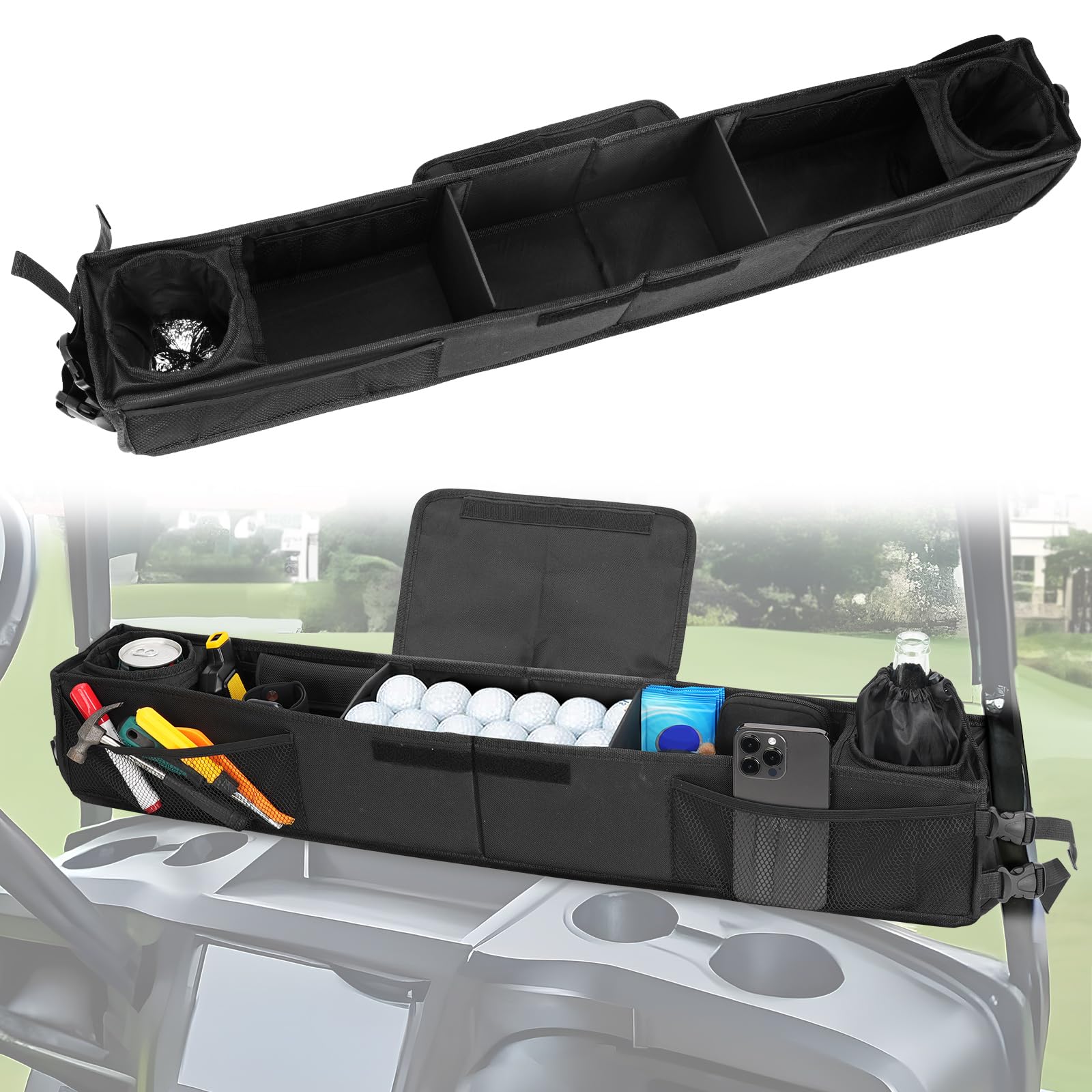 Photo 1 of Adjustable Golf Cart Front Storage Basket with Insulated Cup Holders, No Drilling Golf Cart Organizer Bag Golf Cart Inner Storage Tray Universal Compatible with EZGO Club Car Drive Kandi Yamaha