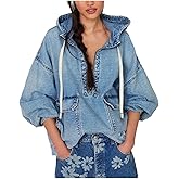 happlan Women's 2025 Oversized Washed Denim Hoodie Long Sleeve Shirt Casual Zip-Up Jacket Streetwear