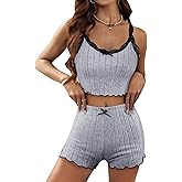 Remidoo Women Ribbed Knit Cami Crop Top Pajama Set Lace 2 Piece Pajamas Sexy Sleepwear