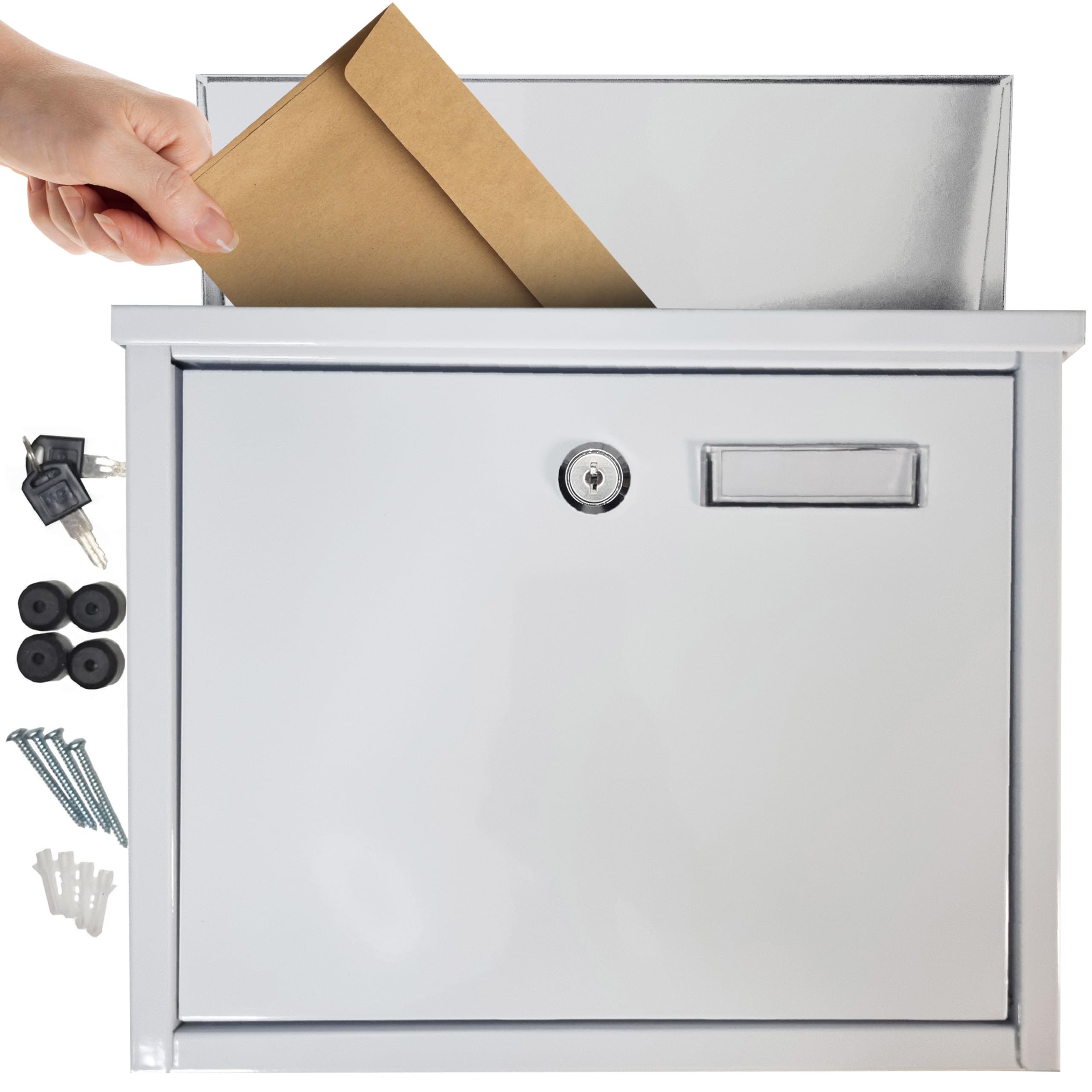 FURNISHED Wall Mounted Letter Box - Large Mail Outdoor Post Box Weather Resistant Postbox for Outside Wall Galvanized Steel Lockable Letterbox Top Loading Mailbox with Cylinder Lock, White