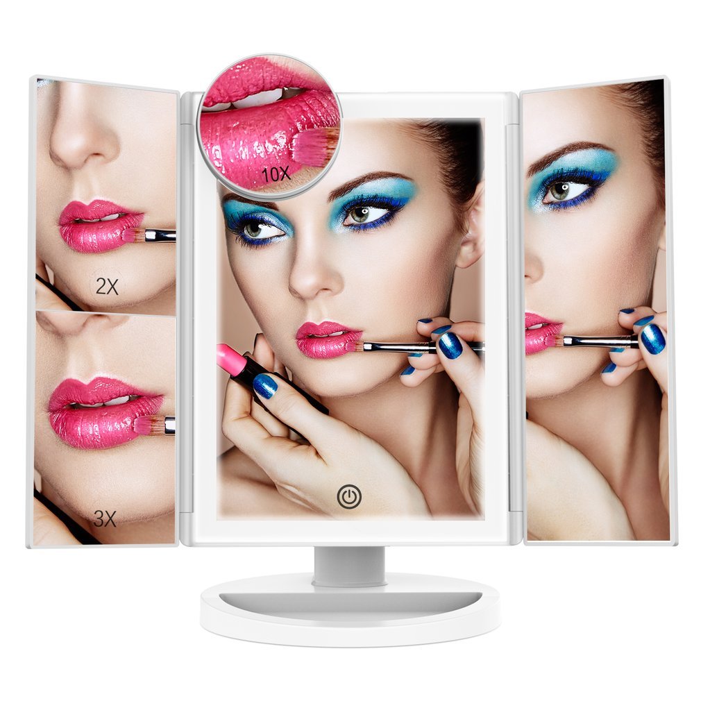 Miroir Maquillage LED lumineux, Miroir Triple Pliable avec Écran Tactile Grossissement 1X/2X/3X/10X Miroir Cosmétique 180° Ajustable avec Bouton, Câble USB pour Maquillage Beauté