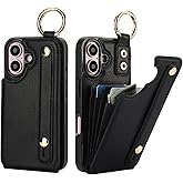 Folosu for iPhone 16 Wallet Case with Card Holder, Hand Wrist Strap Loop Holder Kickstand, RFID Blocking Finger Grip Ring PU Leather Double Buttons Shockproof Cover 6.1" Black