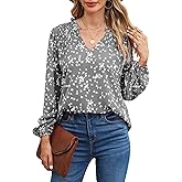 BLENCOT Women's Casual Boho Floral Print Chiffon Blouses Smocked V Neck Long Sleeve Loose Tops Shirts