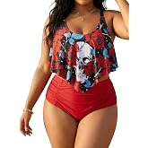 Rosegal Women Plus Size High Waisted Bikini Skull Rose Print Two Piece Bathing Suits Tummy Control Swimwear