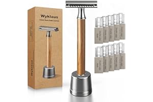 Wyklaus Double Edge Safety Razor: Premium Metal Single Blade Face Razor for Men & Women, Eco-Friendly Bamboo Handle & 10 Double Edge Blades