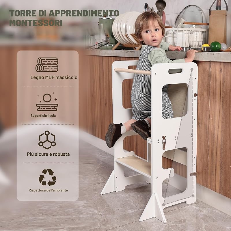 Montessori Torre per bambini, 3 in 1 Torre di Apprendimento Pieghevole, Multifunzionale Torre didattica con lavagna, Legno protezione antiribaltamento torretta da 1 anno bambini-bianco e legno