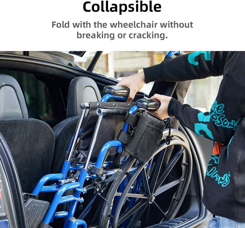 kemimoto Wheelchair Cup Holder, Rollator Drink Holder Universal Walker Cup Holder Stroller Water Bottle Carrier with Mesh Pockets-Washable Collapsible Adjustable, Black…: Health & Personal Care