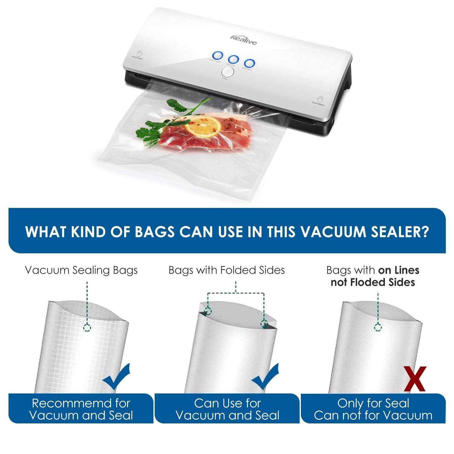Kealive Vakuumierer - Vakuumiergerät, Lebensmittel bleiben bis zu 8x länger frisch - natürliche Aufbewahrung ohne Konservierungsstoffe, 30cm lange Schweißnaht, einfach zu bedienen, automatische Konser