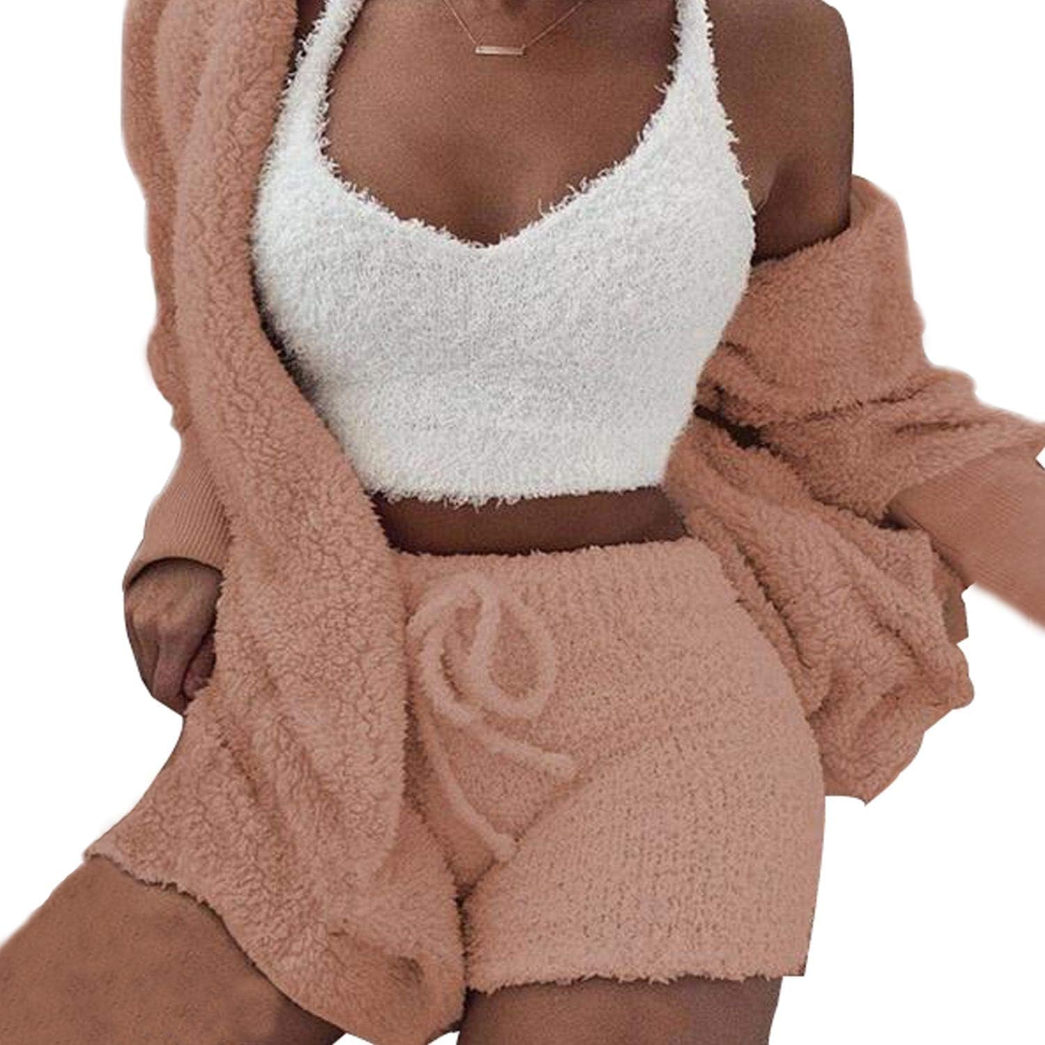 VNVNEWomens Sexy Fuzzy Warm Sherpa Fleece 3 Piece Outfit Fleece Coat Jacket Outwear and Spaghetti Strap Crop Top Shorts Set