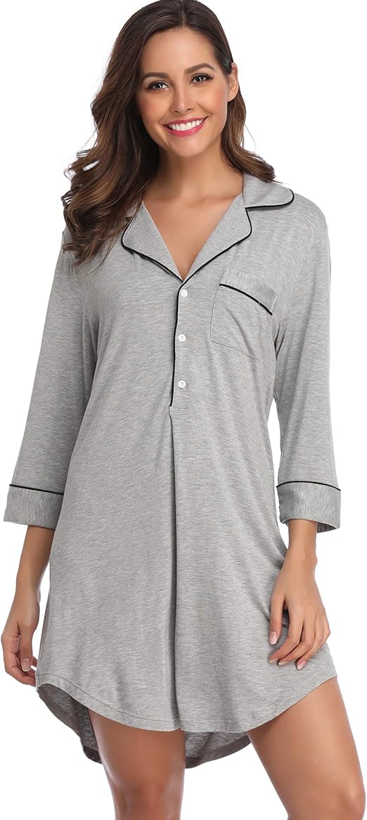 Lusofie Womens Nightshirts Buttonup Nightgowns 3/4 Sleeve Boyfriend