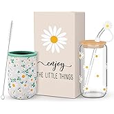 Reallnaive Daisy Aesthetic Gifts, 16 oz Aesthetic Iced Coffee Cup with Daisy Straw Stopper and Sleeve Gifts Box for Women Teacher Mom Friend Birthday Christmas