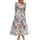 ebossy Women's Boho Floral Print Chiffon Dress Short Sleeve V Neck Girdle Waist Beach Maxi Long Dresses