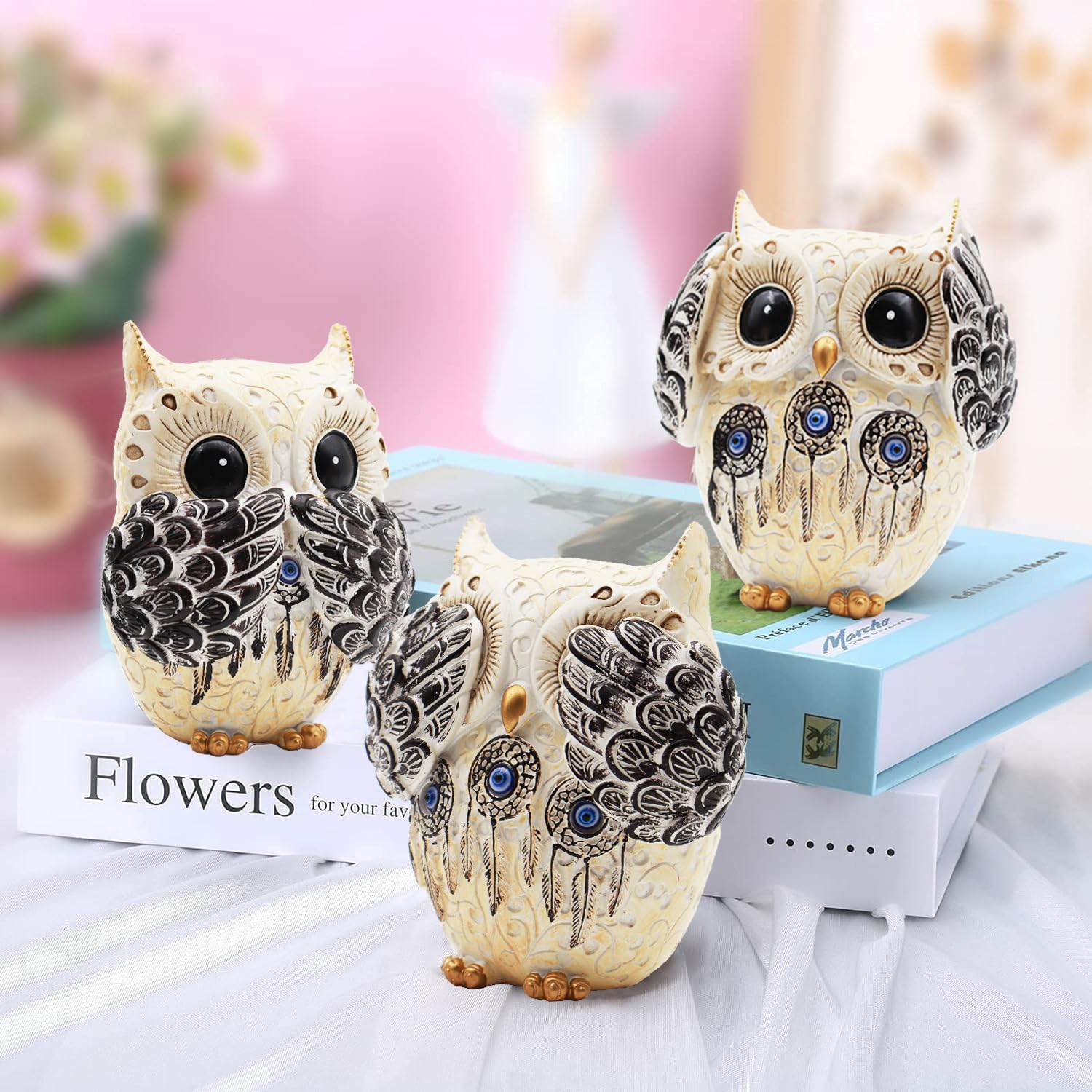 Irayin 3 Owl Figurines Decor, Owl Statue Figurine, See No Hear No Speak No Evil Ornaments, Crafted Animal Sculpture, Cute Owls Decoration for Living Room, Office, Bookshelf, Bedroom - White