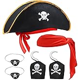 LIDSCURA 6 Pcs Pirate Costume Accessory Set, Black Captain Hat with Skull Emblem, Red Headband, Eyepatch & Hook Props for Halloween Theme Party