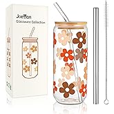 Joeyan 20 oz Daisy Glass Cups With Bamboo Lids and Straws,Boho Can Shaped Beer Drinking Glasses,Cute Iced Coffee Tumbler with Colored Floral Pattern,Cocktail Smoothie Tea Soda Glassware