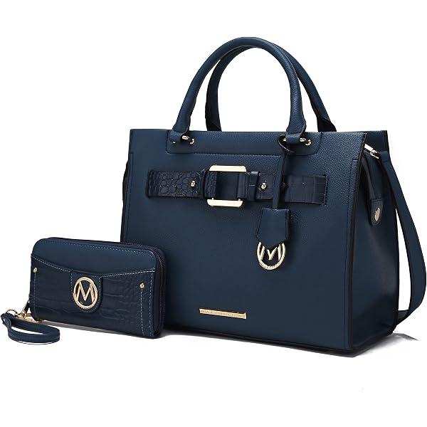 MKF Crossbody Tote Bag & Wristlet Set For Women – PU Leather Top-Handle Satchel Shoulder Handbag In Navy Light Blue | Large Carryall Purse