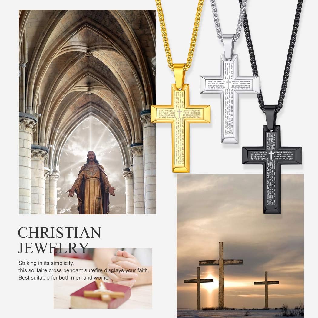 Suplight Lord's Prayer Cross Necklace Classic Pendant Christian Bible Verse Necklace Stainless Steel Black Cross Our Father Prayer Necklace for Men Boys - Image 4