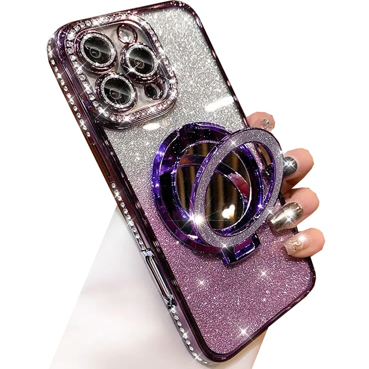 Photo 1 of Changjia Magnetic Kickstand Glitter Case for iPhone 16 Pro Max,[Compatible with Magsafe] Bling Sparkly Rhinestone with Camera Protector Makeup Mirror Women Girls Case for iPhone 16 Pro Max 6.9",Purple