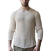 Evankin Men's T-Shirt Hollow Out Mesh Long Sleeve Tops See Through Underwear Knitted Sweater Loose Undershirt T-Shirt(White-S)