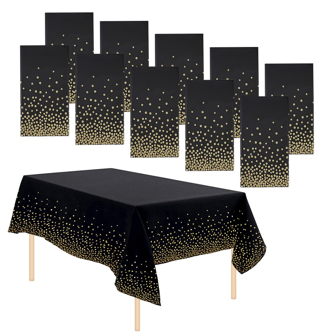 GIVIDORA 10 Pack Dot Table Covers - Disposable Plastic Tablecloths for Indoor/Outdoor Parties - Wipeable, Waterproof - Black & Gold (137 * 274 cm)