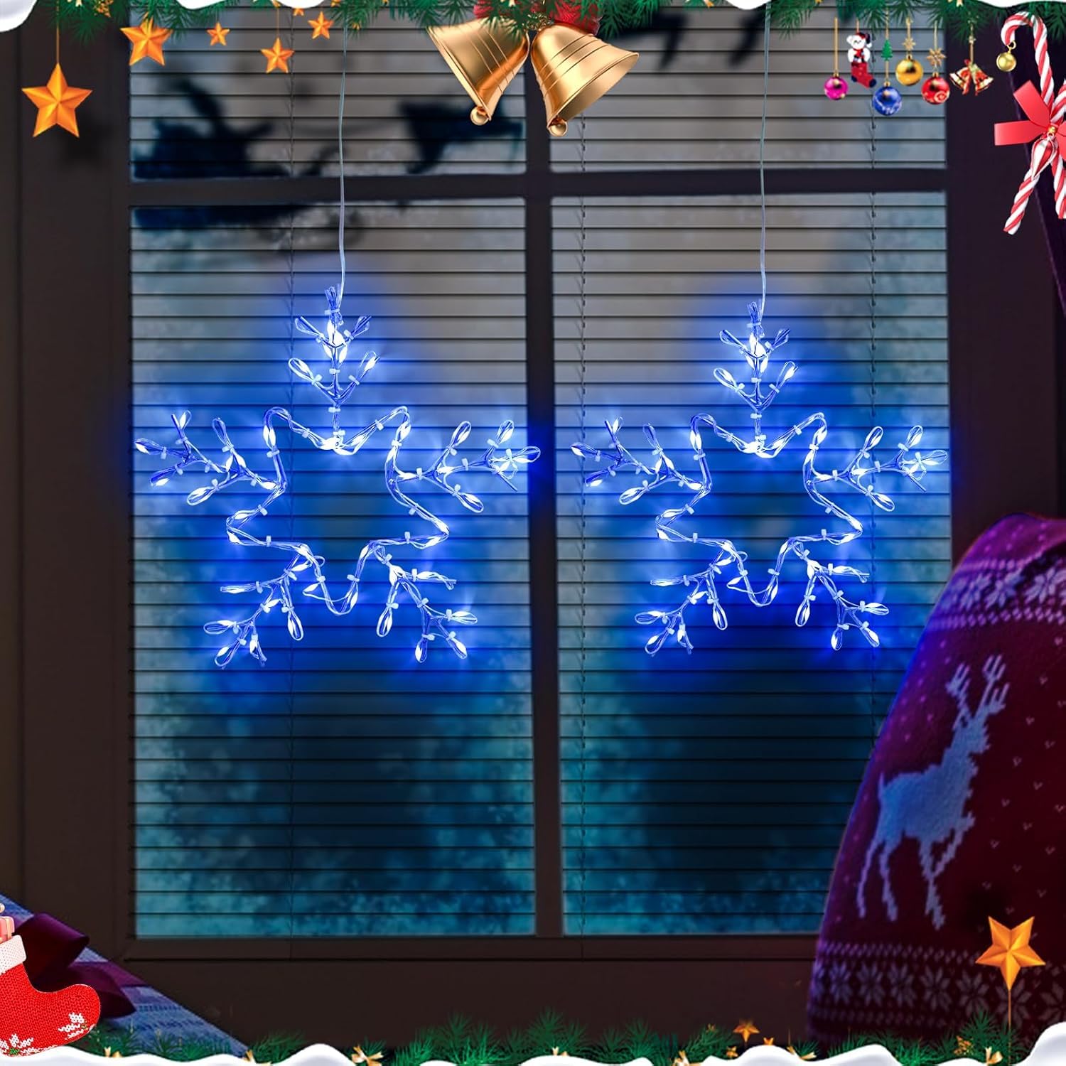 Photo 1 of 2 Pack Christmas Window Snowflake Lights, LED Hanging Decorations Iron Frame Lights, 8 Lighting Modes for Xmas Holiday Indoor Outdoor Wall Party Decor