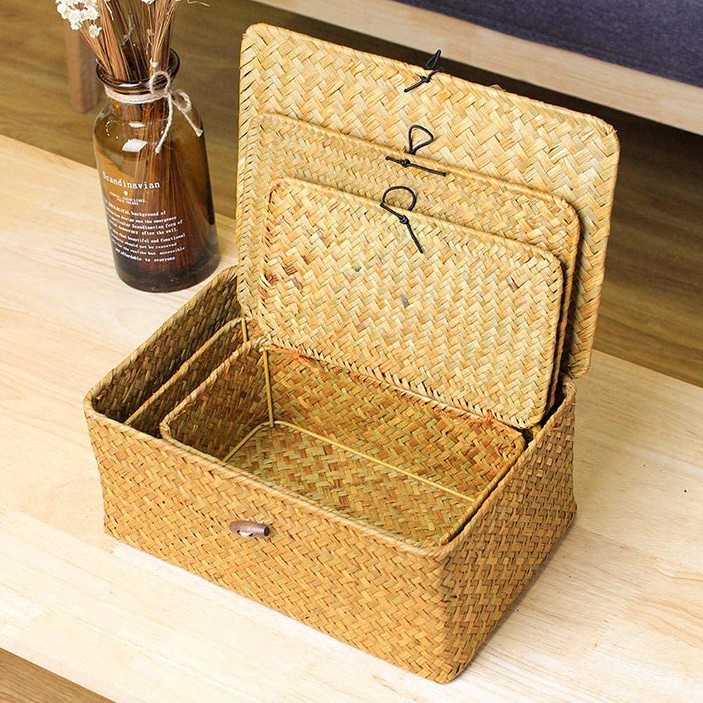 Rectangular Storage Basket with Lid for Shelf Handmade Seagrass Rattan Woven Makeup Organizer Multipurpose Container Box 3Pcs