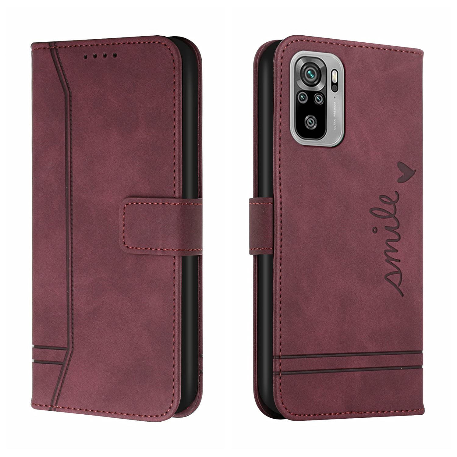 QIWEIQING Xiaomi Redmi Note 10 Pro Wallet Case, Redmi Note 10 Pro Max Magnetic PU Leather Case mit Credit Card Holder, Protective Folio Compatible with Redmi Note 10 Pro.Wine Red HX